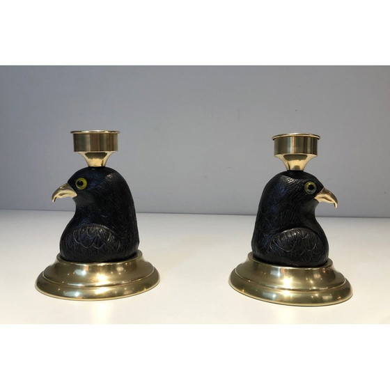 Image 1 of Paire de bougeoirs vintage en bois sculpté en forme d'aigle, 1970