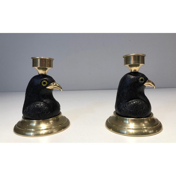 Image 1 of Paire de bougeoirs vintage en bois sculpté en forme d'aigle, 1970