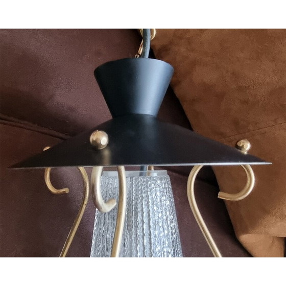 Image 1 of Lampe suspendue vintage en verre épais et laiton, 1950