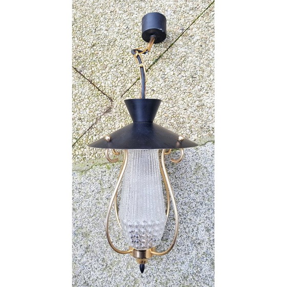 Image 1 of Lampe suspendue vintage en verre épais et laiton, 1950