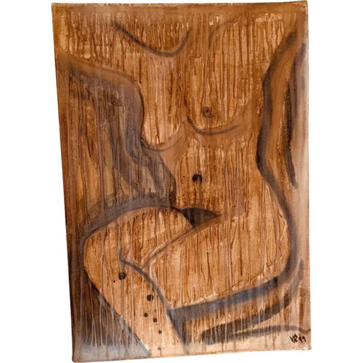 Peinture vintage sur carton représentant une partie du corps d'une femme nue