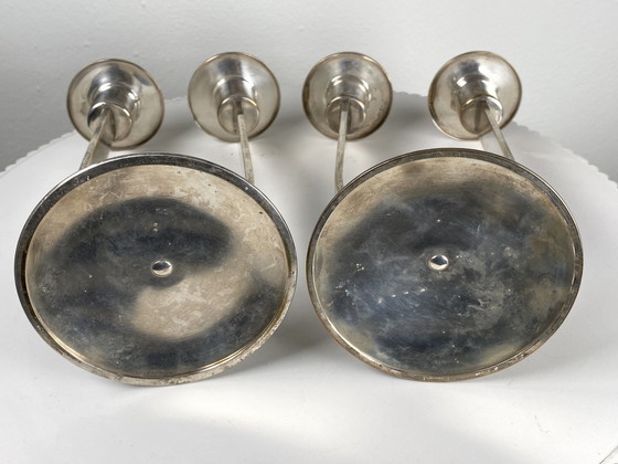 Image 1 of 2 X Candélabres / Bougeoirs à deux flammes en métal argenté Wmf allemand - Style Art Déco Minimaliste