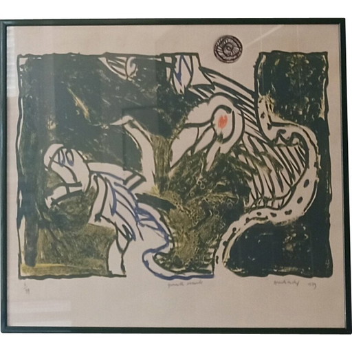 Lithographie vintage représentant une grenouille errante par Pierre Alechinsky, 1979