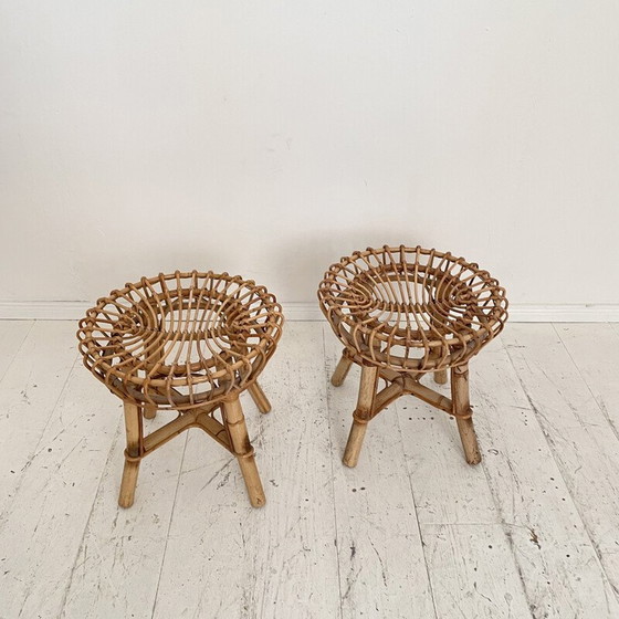 Image 1 of Paire de tabourets vintage en bambou et rotin, Italie 1972