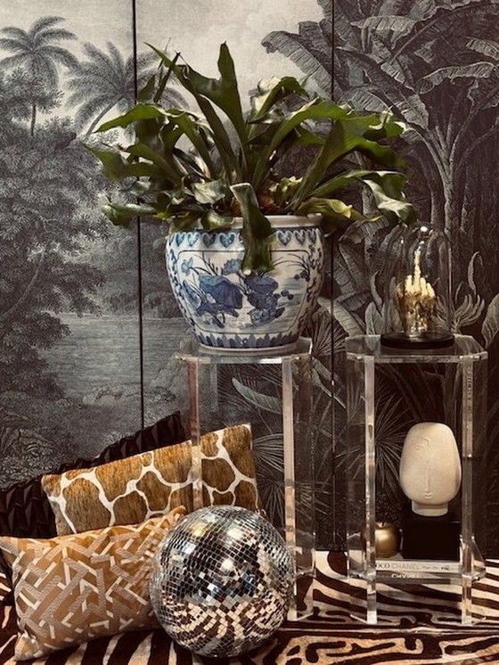 Image 1 of Set Plexiglass Lucite Piebald Plant Tables Consoles Piédestaux Tables d'appoint