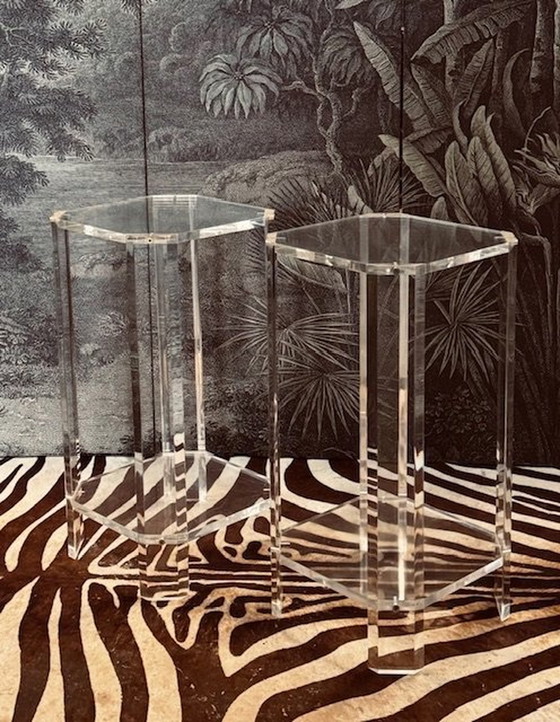 Image 1 of Set Plexiglass Lucite Piebald Plant Tables Consoles Piédestaux Tables d'appoint