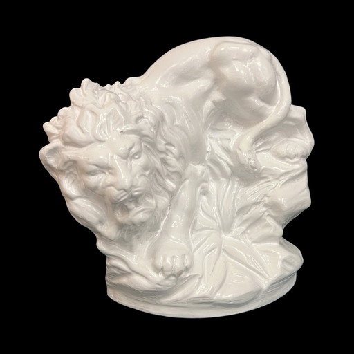 Argile blanche, grande figurine de lion Art déco, République tchèque, début du 20e siècle