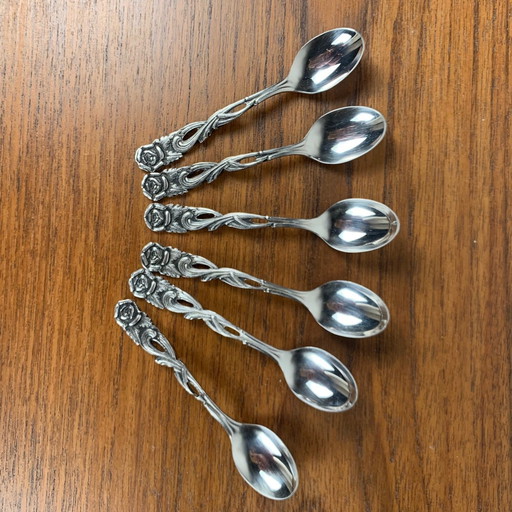 Set pour 6 personnes Cuillères et fourchettes à dessert en métal argenté antique, motif fleuri