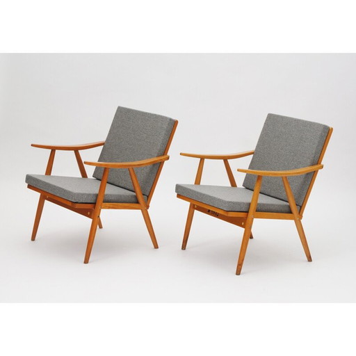 Ensemble de 2 fauteuils gris en hêtre - années 1960