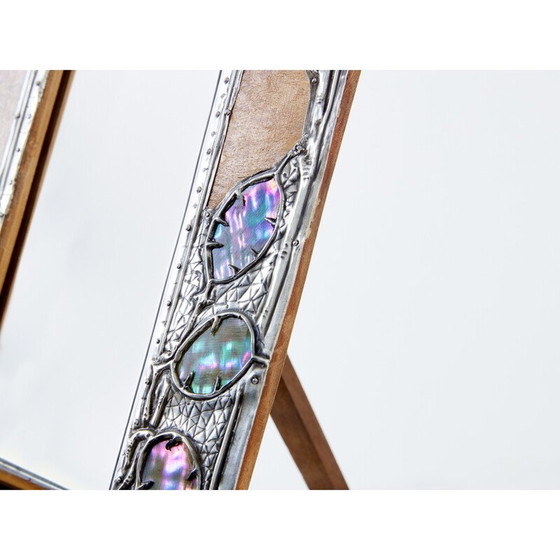 Image 1 of Miroir de table vintage Art Nouveau en étain et loupe d'amboine, 1910