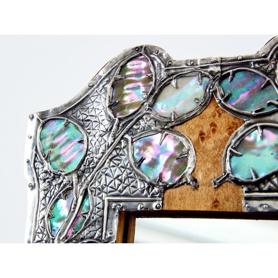 Image 1 of Miroir de table vintage Art Nouveau en étain et loupe d'amboine, 1910