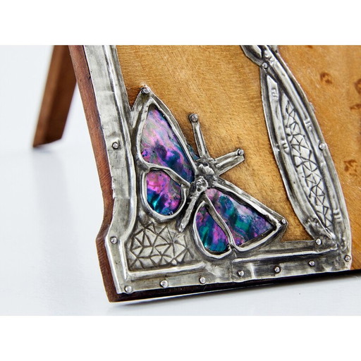 Miroir de table vintage Art Nouveau en étain et loupe d'amboine, 1910