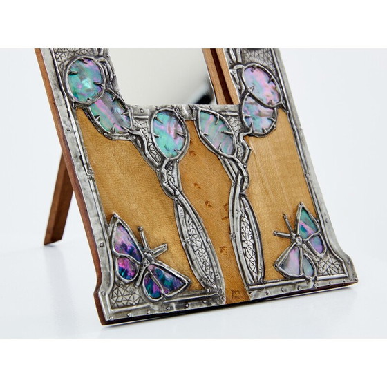 Image 1 of Miroir de table vintage Art Nouveau en étain et loupe d'amboine, 1910