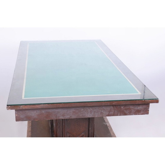 Image 1 of Table de salle à manger vintage Art Déco en chêne et placage de cuivre, Tchécoslovaquie 1930