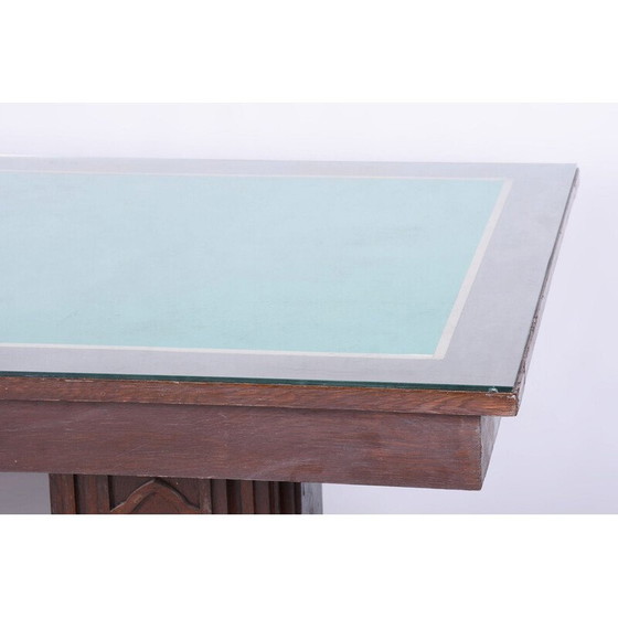 Image 1 of Table de salle à manger vintage Art Déco en chêne et placage de cuivre, Tchécoslovaquie 1930