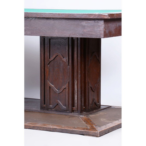 Image 1 of Table de salle à manger vintage Art Déco en chêne et placage de cuivre, Tchécoslovaquie 1930