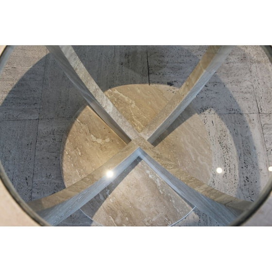 Image 1 of Table basse ronde vintage en travertin et verre, Italie 1970