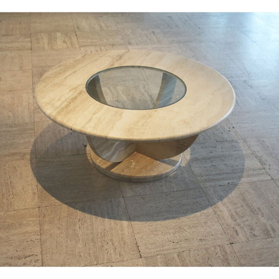 Image 1 of Table basse ronde vintage en travertin et verre, Italie 1970