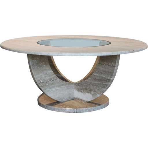 Table basse ronde vintage en travertin et verre, Italie 1970
