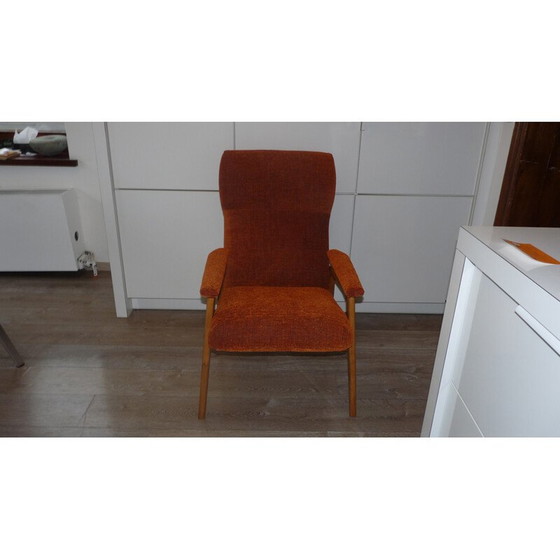 Image 1 of Fauteuil à pieds boussole en hêtre et tissu orange - 1970