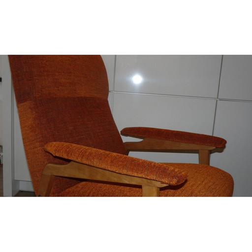 Fauteuil à pieds boussole en hêtre et tissu orange - 1970