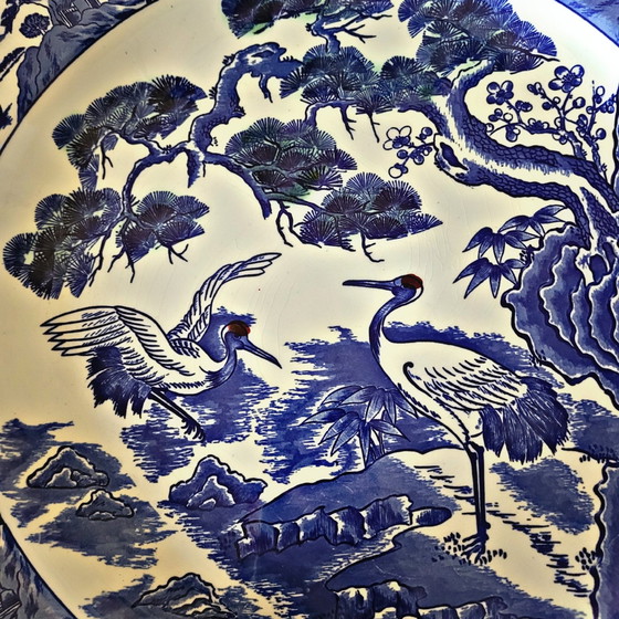 Image 1 of Grand Plat Porcelaine Asiatique Décor Oiseaux (Grues) Couleur Bleu Blanc