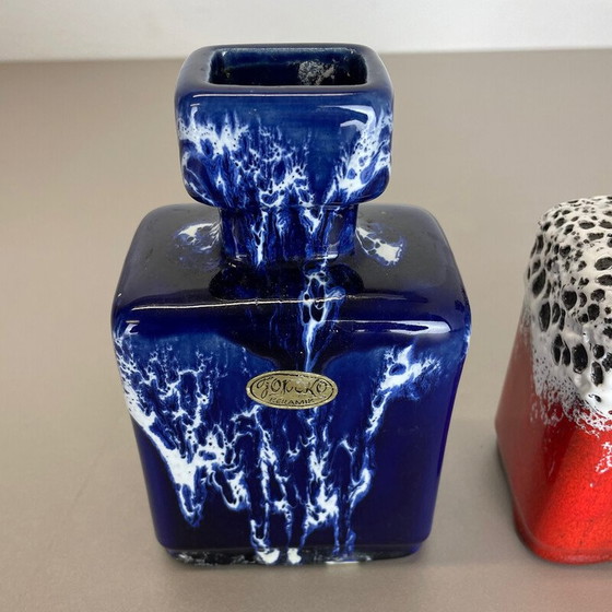 Image 1 of Paire de vases à lave grasse en poterie vintage "bleu-rouge" par Jopeko, Allemagne, années 1970