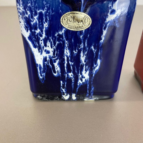 Image 1 of Paire de vases à lave grasse en poterie vintage "bleu-rouge" par Jopeko, Allemagne, années 1970