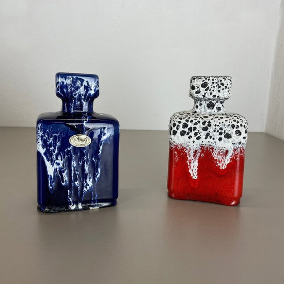 Image 1 of Paire de vases à lave grasse en poterie vintage "bleu-rouge" par Jopeko, Allemagne, années 1970