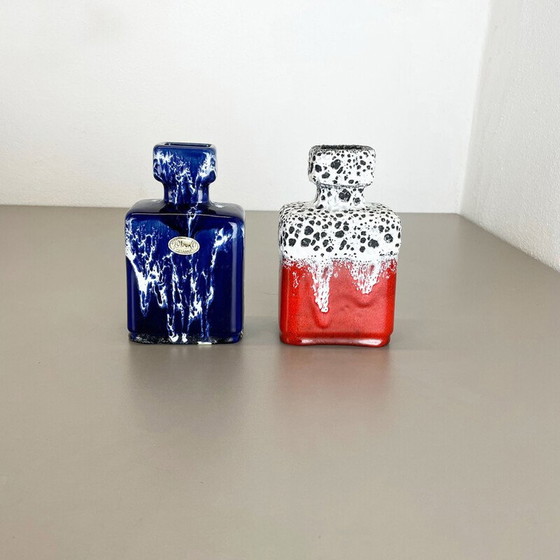 Image 1 of Paire de vases à lave grasse en poterie vintage "bleu-rouge" par Jopeko, Allemagne, années 1970