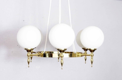 Lustre Vintage Mid Century en laiton et boules d'opaline