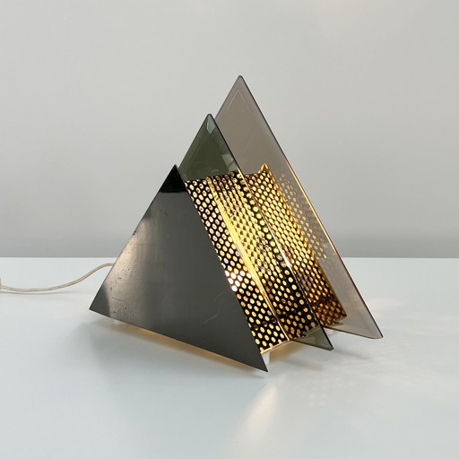 Lampe de table triangulaire chromée et en verre, 1980S