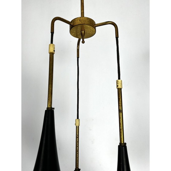 Image 1 of Lampe suspendue vintage en laiton et verre opalin pour Stilnovo, Italie 1950