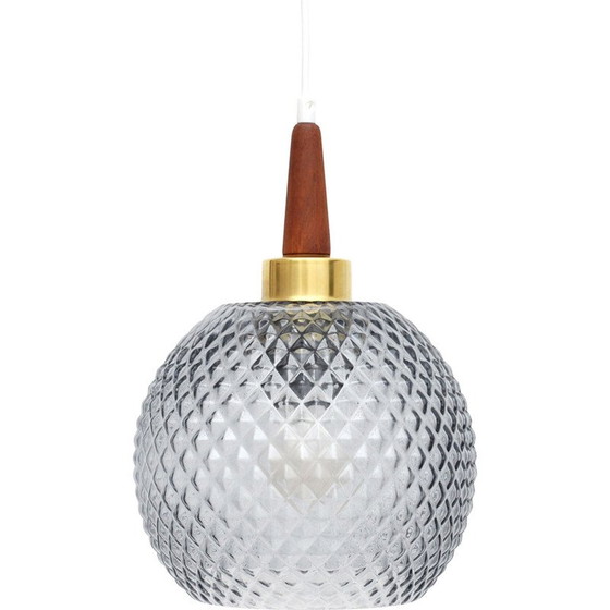 Image 1 of Lampe suspendue vintage en verre de cristal gris et bois de teck, Danemark 1960