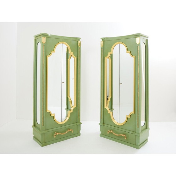 Image 1 of Paire d'armoires vintage en chêne massif décorées de laque vert céladon par André Arbus, 1930