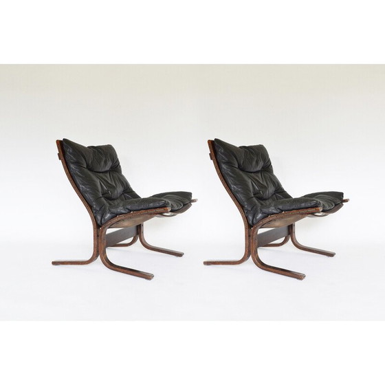 Image 1 of Paire de fauteuils Siesta en cuir noir vintage par Ingmar Relling pour Westnofa, Norvège 1960s