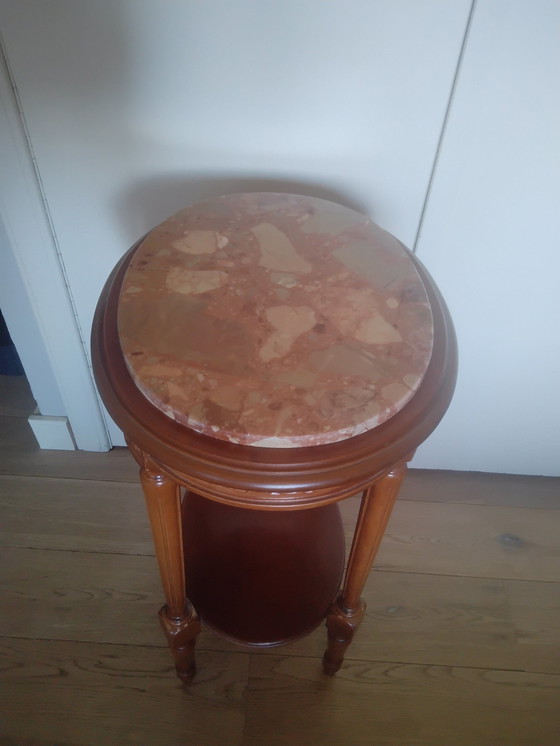 Image 1 of Table à plantes en bois avec plateau en marbre rouge