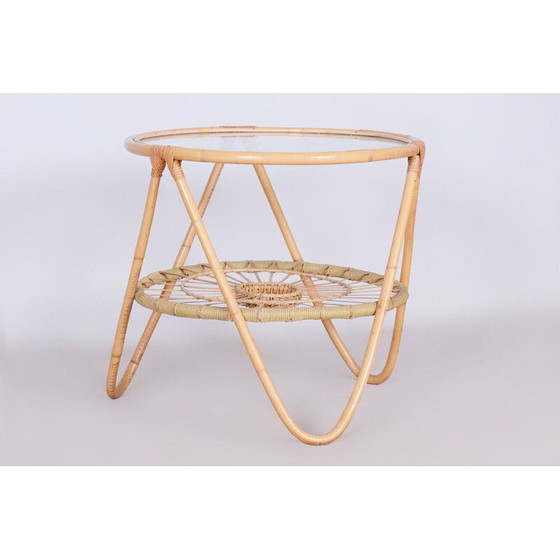 Image 1 of Table d'appoint vintage en rotin et verre par Alan Fuchs pour Uluv, Tchécoslovaquie 1940