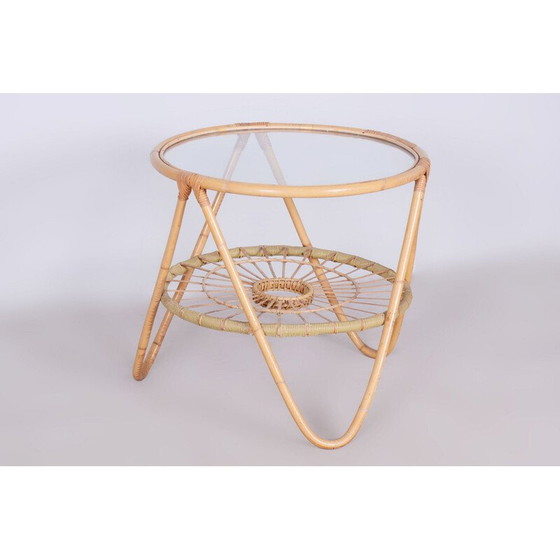 Image 1 of Table d'appoint vintage en rotin et verre par Alan Fuchs pour Uluv, Tchécoslovaquie 1940
