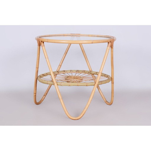Table d'appoint vintage en rotin et verre par Alan Fuchs pour Uluv, Tchécoslovaquie 1940