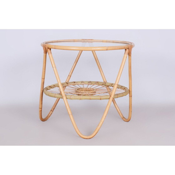 Image 1 of Table d'appoint vintage en rotin et verre par Alan Fuchs pour Uluv, Tchécoslovaquie 1940