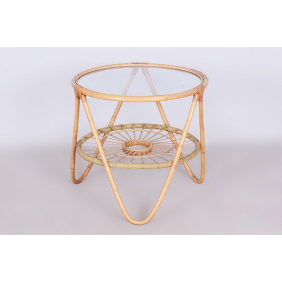 Image 1 of Table d'appoint vintage en rotin et verre par Alan Fuchs pour Uluv, Tchécoslovaquie 1940