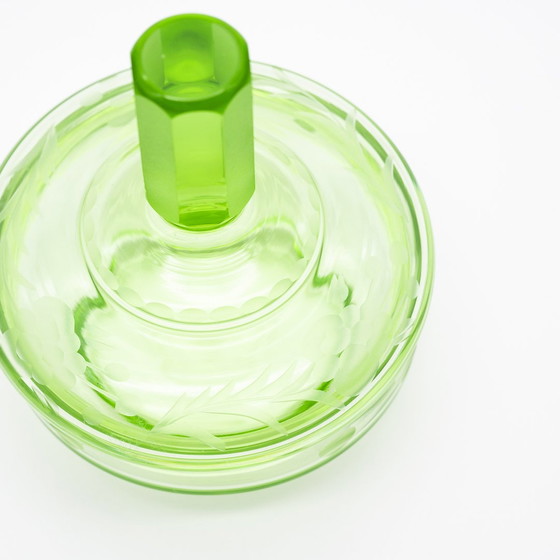 Image 1 of Art Déco Crystal Uranium Glass Decorative Powder Jar Lid-Box Antique Chic Unique