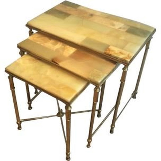 Image 1 of Ensemble de 3 tables gigognes vintage avec plateaux en onyx 1940s
