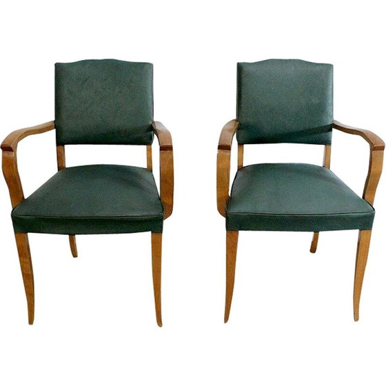 Image 1 of Paire de fauteuils Bridge vintage en hêtre et skaï, années 1950