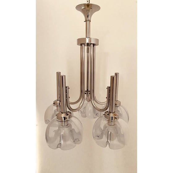 Image 1 of Lustre vintage en chrome et verre de Murano par Mazzega, Italie 1960