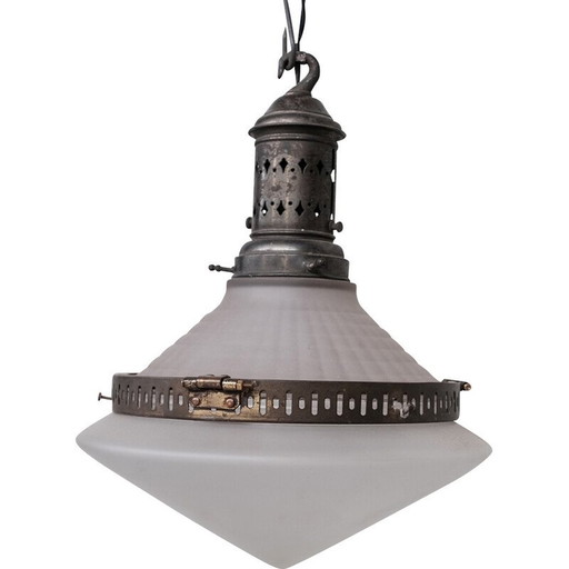 Lampe suspendue conique en verre et laiton, années 1920