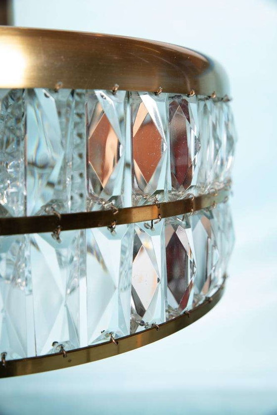 Image 1 of Lampe pendante vintage en verre cristal laiton, lampe pendante midmod 60s