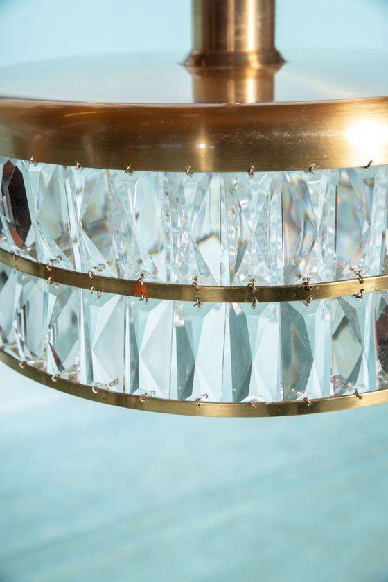 Image 1 of Lampe pendante vintage en verre cristal laiton, lampe pendante midmod 60s