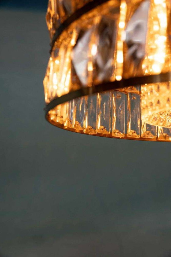 Image 1 of Lampe pendante vintage en verre cristal laiton, lampe pendante midmod 60s